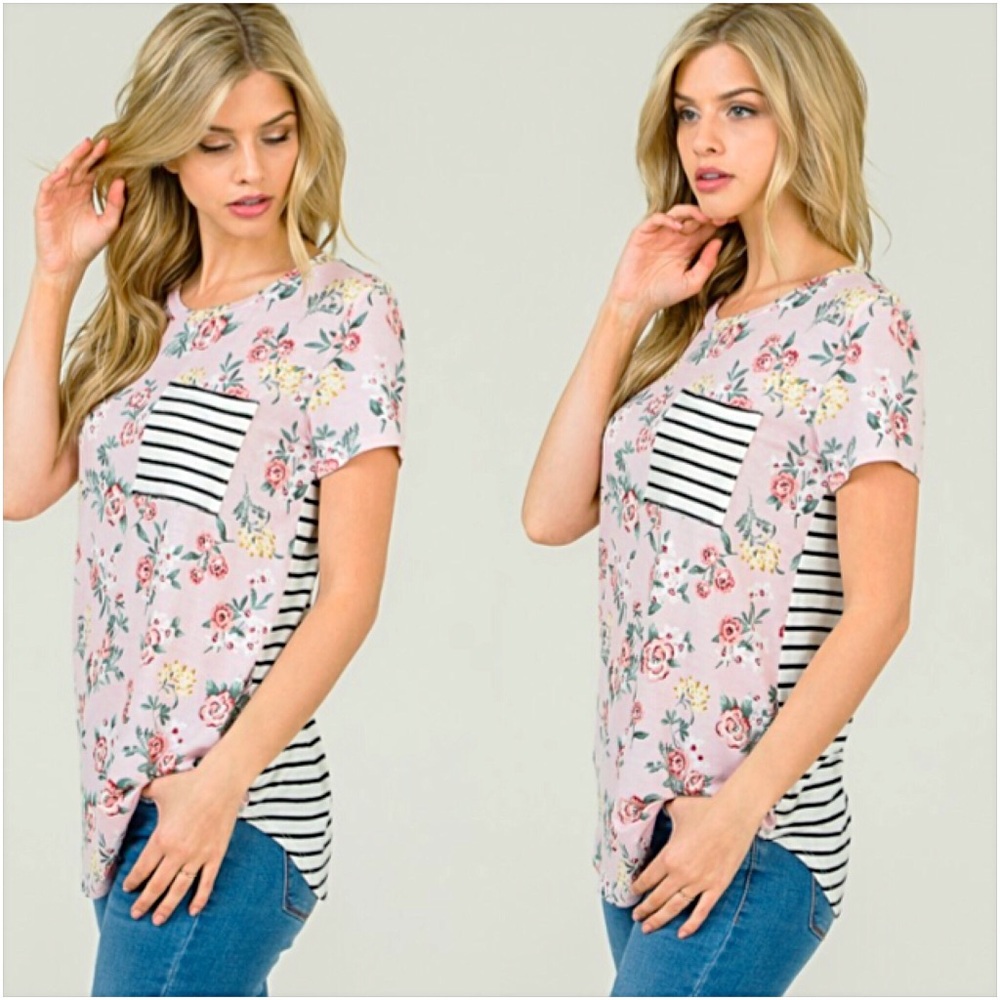 Adorable Blush Floral Striped PocketTee SML - Picture 2 of 8